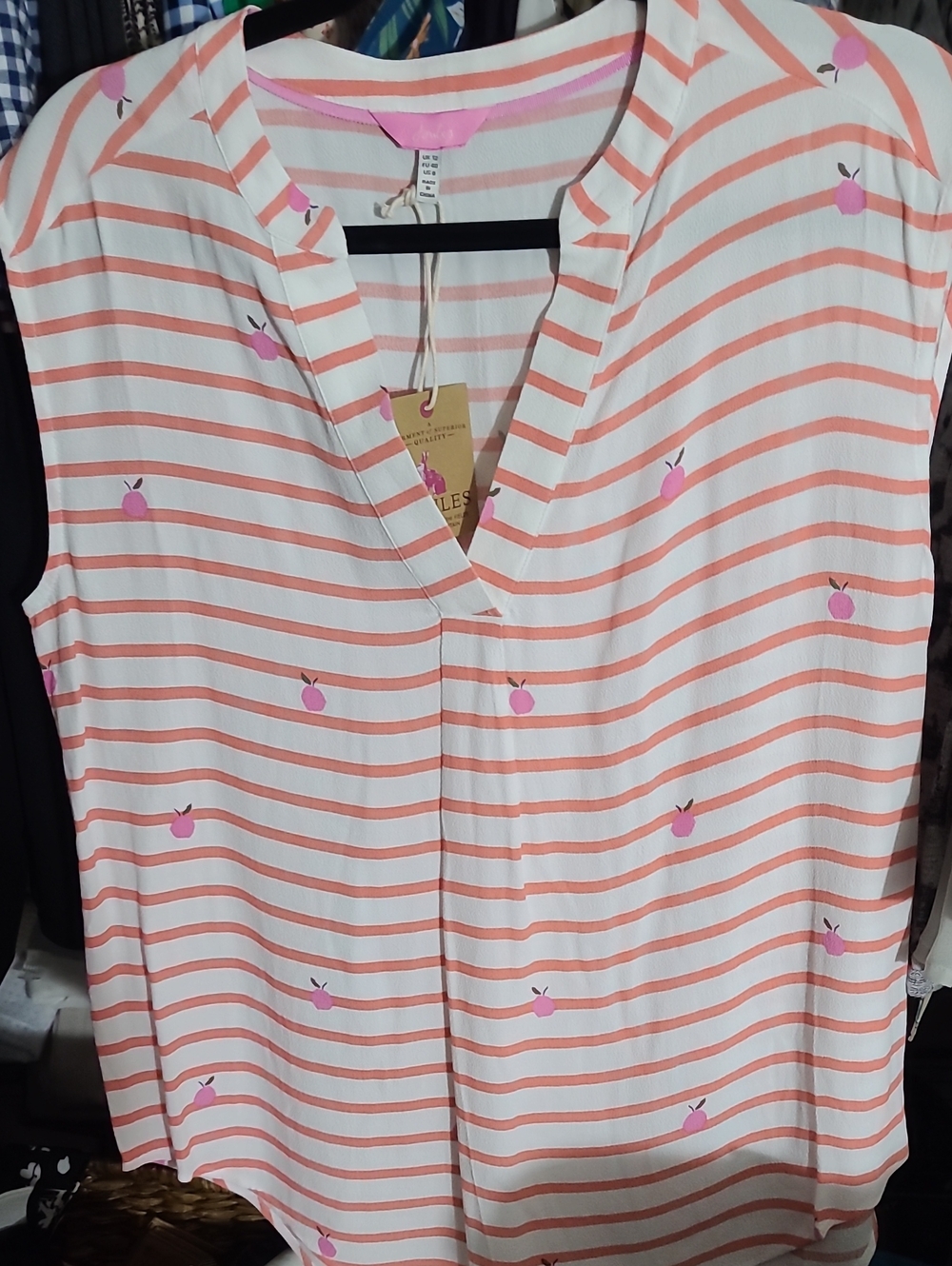 Joules White & Coral Striped Sleeveless V-Neck Camisole with Pink Fruit Print